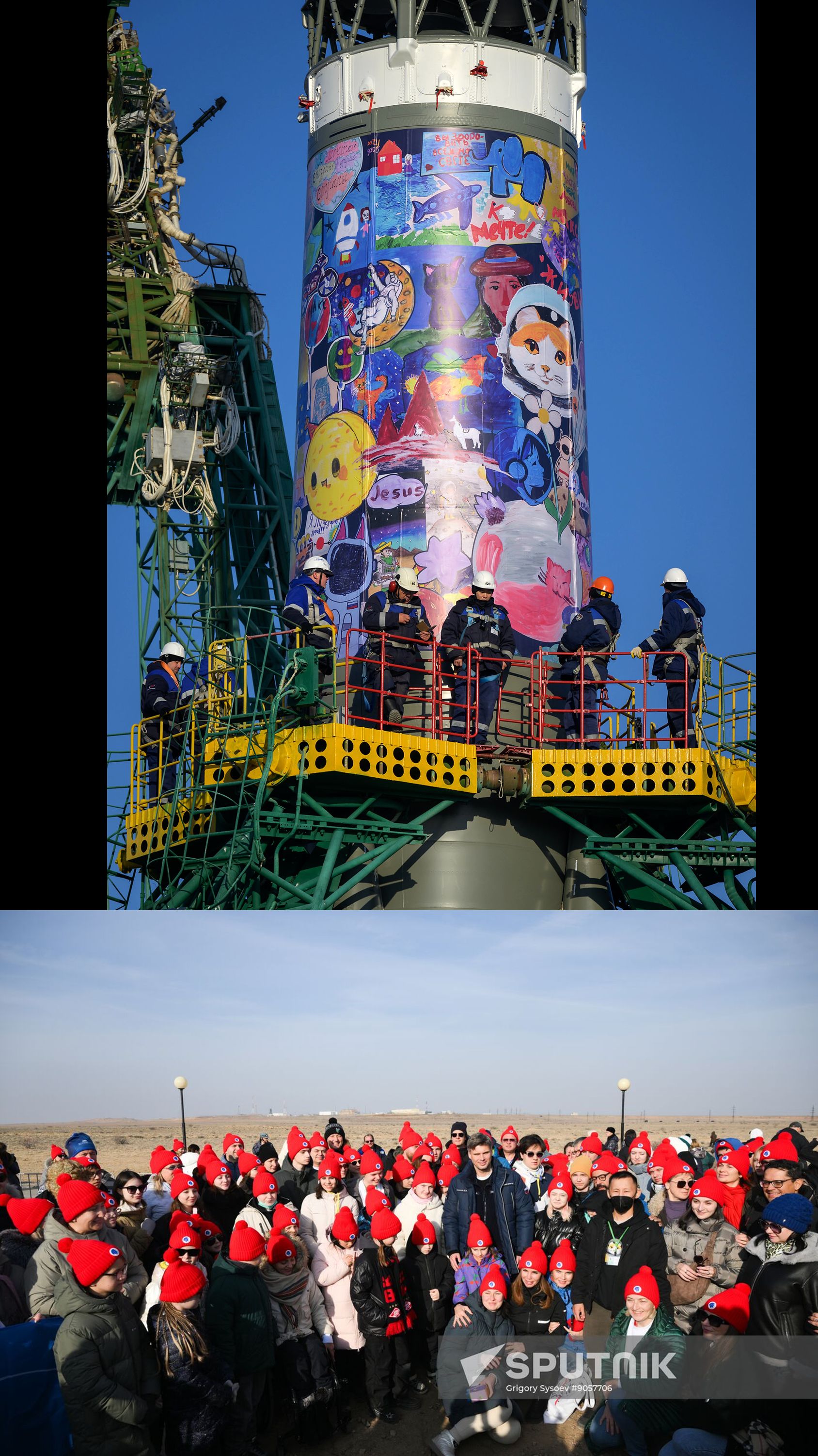 1. Pic of the lower section of the Soyuz rocket, raised vertical, on Monday, Nov. 24, 2025, at site 31 launch pad of the Baikonur Cosmodrome in Kazakhstan.

The section is covered in colorful artwork by children.
Photo Credit: (NASA/Bill Ingalls)

2. Pic of Roscosmos State Space Corporation Director General Dmitry Bakanov and participants of the Rocket of Dreams project of the Unity Foundation after the launch of the Soyuz-2.1a rocket with the Soyuz MS-28 spacecraft to the International Space Station (ISS) at the Baikonur Cosmodrome, Kazakhstan. For the first time in history, the rocket has been decorated with drawings made by children suffering from cancer. Children from 50 cities across Russia and 14 countries across the world contributed to the project by depicting their cosmic dreams.
Author: Grigory Sysoev
Credit: Sputnik
Source: Sputnik
