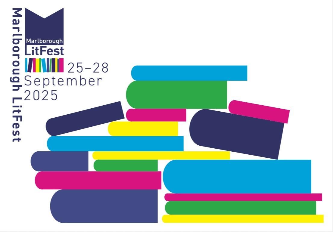 A poster for Marlborough LitFest, which runs between 25-28 September. It’s got a lovely bright logo featuring a pile of books.
 