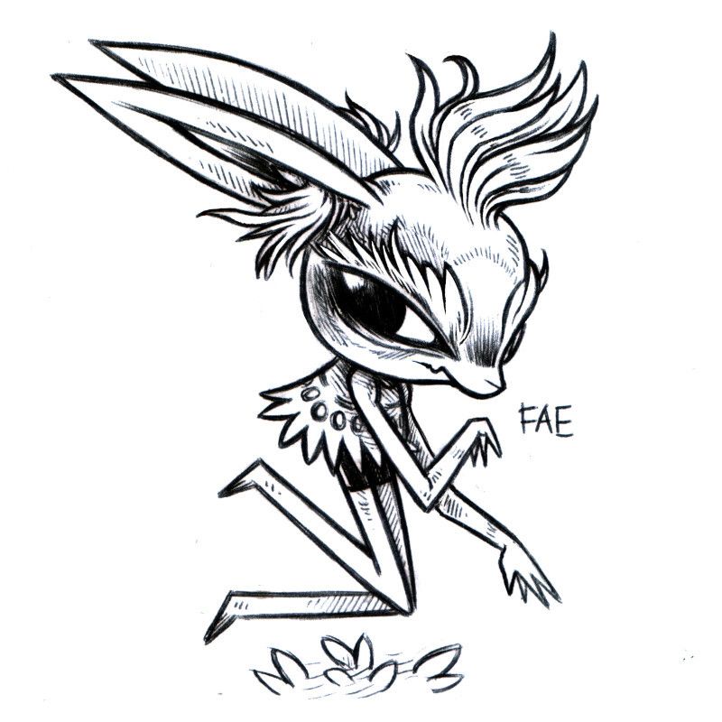 an ink drawing of a long-limbed humanoid rabbit named Fae, who is hovering a bit above the gorund like a fairy (or in a sort of mid-jump). Fae has heavy brows, anti-gravity bangs, big tufts of air coming out of their ears, and they are wearing a whimsical dress that is split at the bottom.