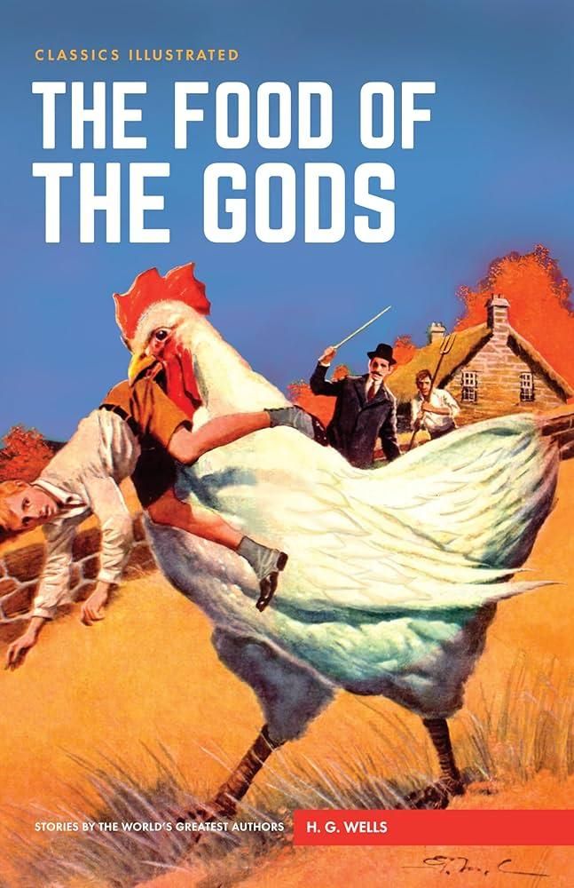 Book cover.  A gigantic chicken has picked up and run off with a young boy.  It is being chased by a gentleman in a bowler hat, carrying a walking stick and a farmer carrying a pitchfork.