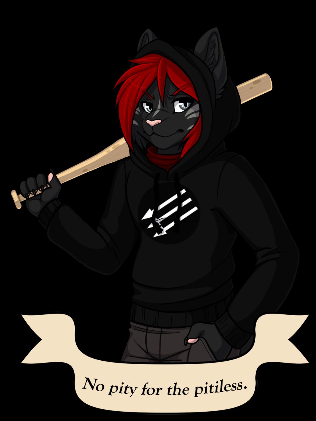 my fursona, Psy Chuan. a black-furred cat with grey tiger striping, pale blue eyes, and deep red hair. he is wearing a black hoodie with the "three arrows" logo of the iron front on it, and has his hood up with his ears poking through it. he has a baseball bat in his hand and is resting it on his shoulder and he looks very pissed off. beneath the image, a banner reads "no pity for the pitiless."