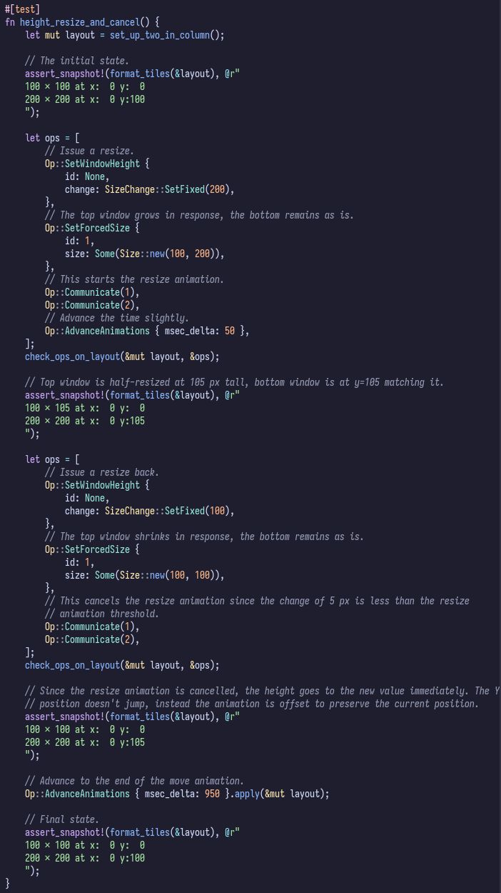 Test code that issues resizes, advances time, and prints window sizes and positions at different carefully controlled points.