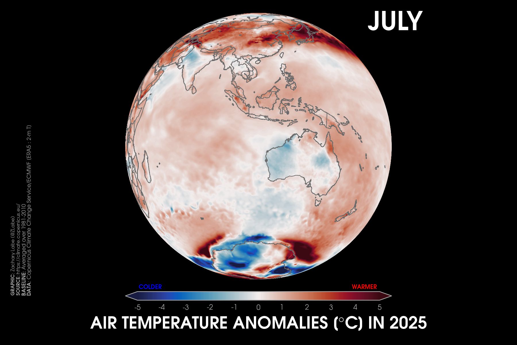 Orthographic map showing 2-m air temperature anomalies in July 2025 relative to a 1981-2010 baseline. This visualization shows North and South America. Most areas are warmer than average.