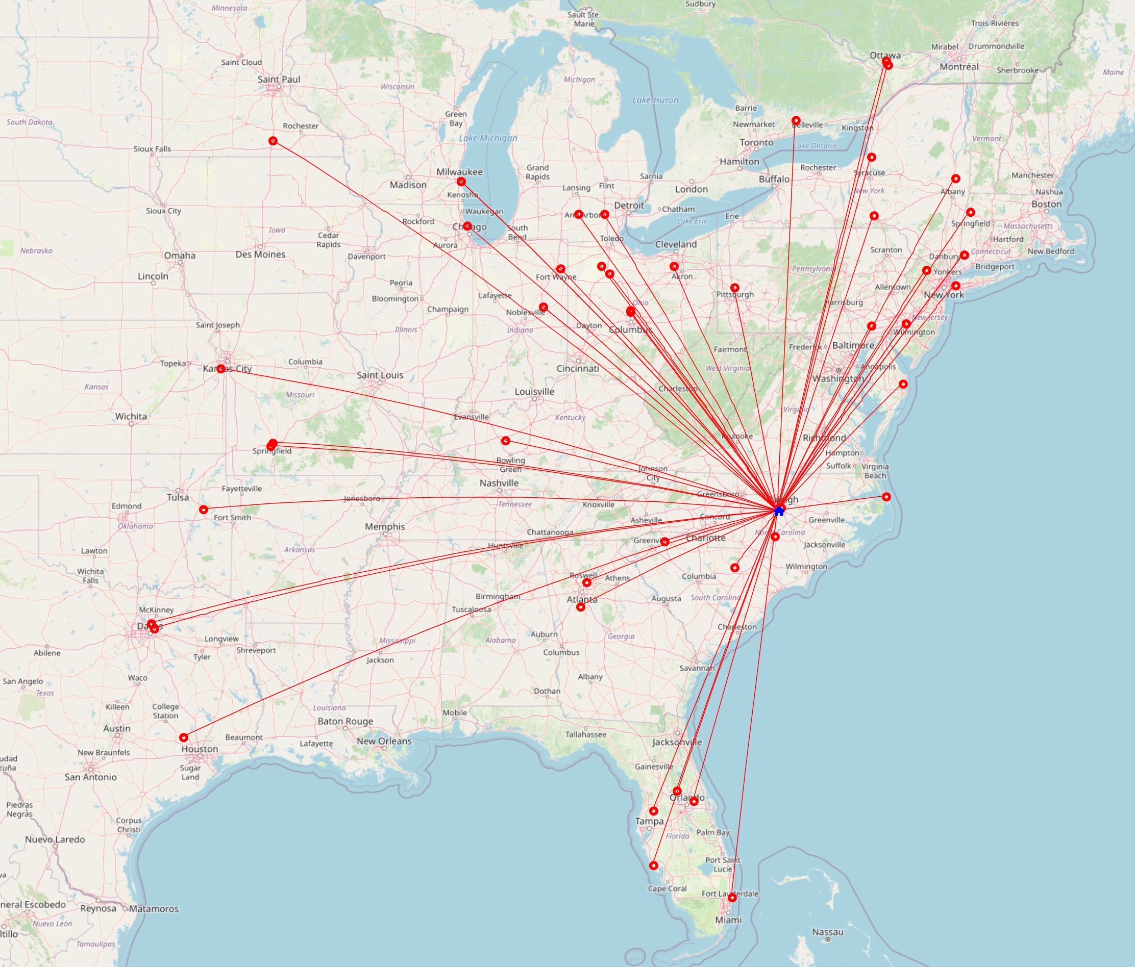 My winter field day QSO map with 51 QSOs across the eastern half of the continental US and southeast Canada.