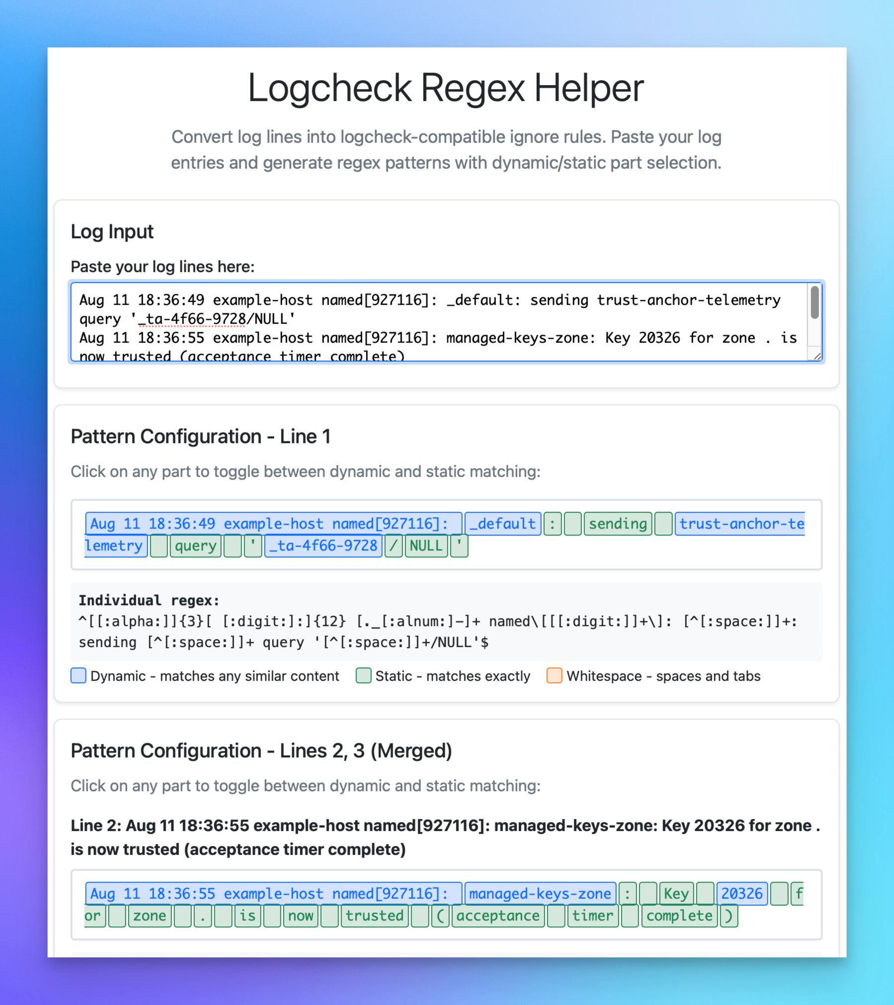 A screenshot from https://nyman.re/logcheck-helper/ with a colourful border. There is some sample loaded into the website to show how it works. Nothing more interesting.