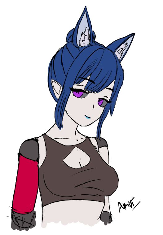 a pale doll with blue hair and wolf ears ( as well as pointed "elf" ears) looking sideways and half lidded to the camera with her violet eyes and blue lipstick smirk. her right arm is bright red and she wears a dark, desaturated brown crop top.