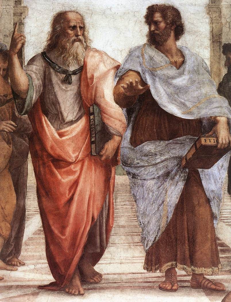 Detail of the Raphael's “School of Athens” fresco depicting an elder Plato with a raised right hand and upwards-pointing index finger debating something with his younger pupil Aristotle, who is holding a book in his left hand, and extending his right arm forward with an open, downward-facing palm. You can easily imagine Artistotle dribbling a phantom basketball while Plato is spinning one on his extended index finger.