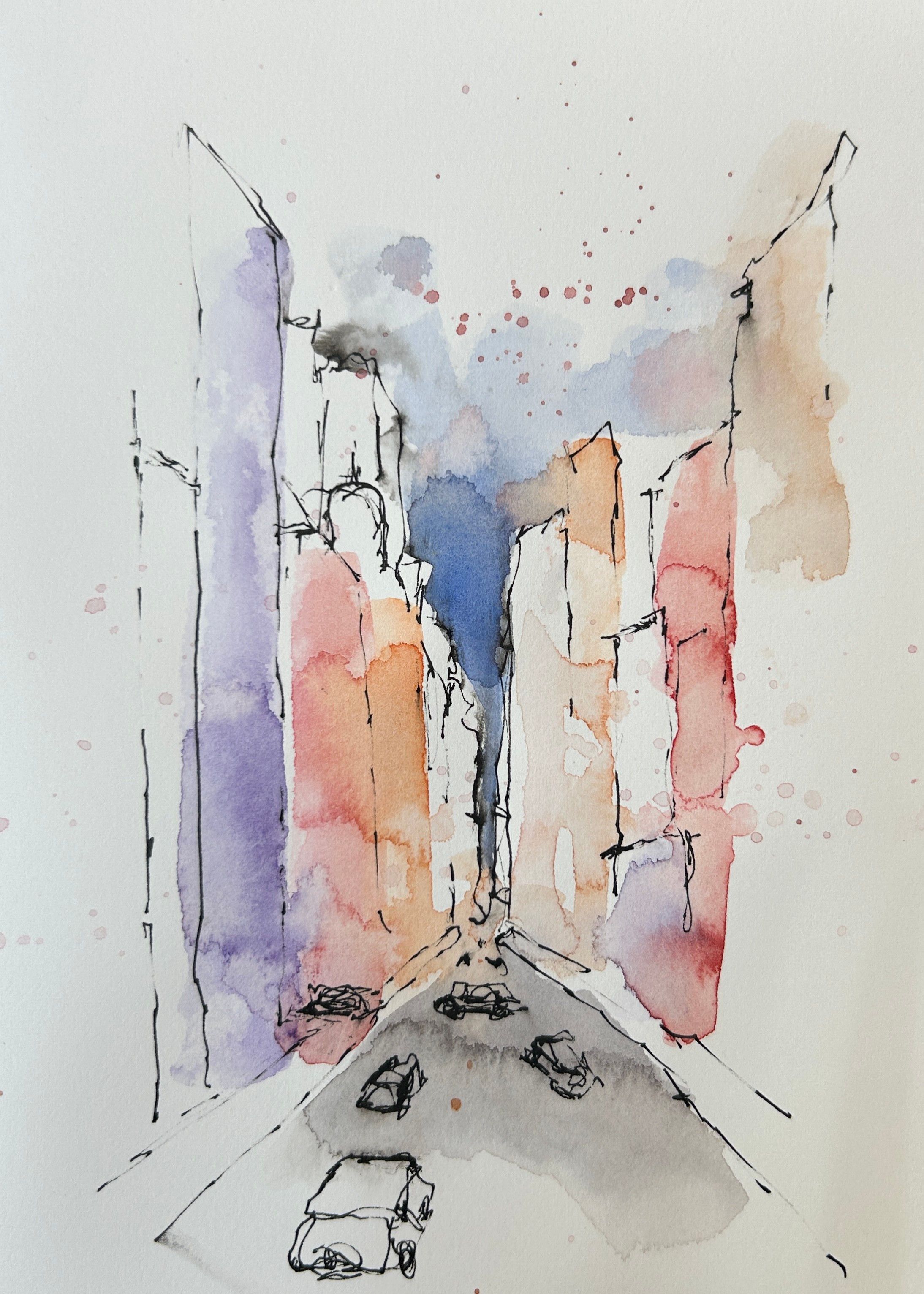 Sketch of an urban landscape with some cars driving down the street