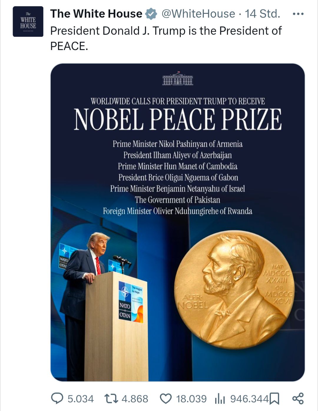 Offizieller Post des Weißen Hauses (US-Regierung) zur Aufforderung der Verleihung eines Friedensnobelpreises an Donald Trump.