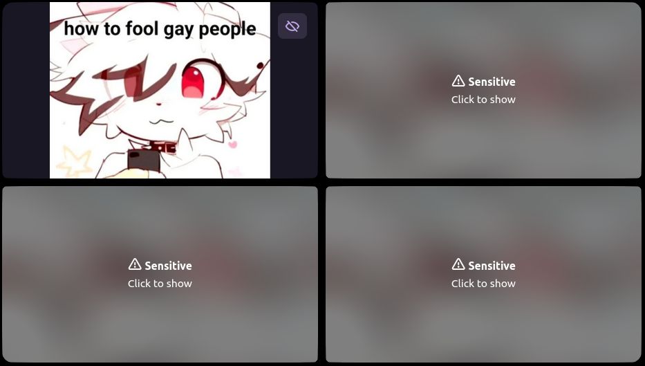 Screenshot of an album with four images. The first one has a drawing of a furry creature similar to boykisser and a caption "how to fool gay people". The rest of them are marked as sensitive. The image is meant to fool people who see it, especially those, who use *key software with Rosé Pine Dawn theme.