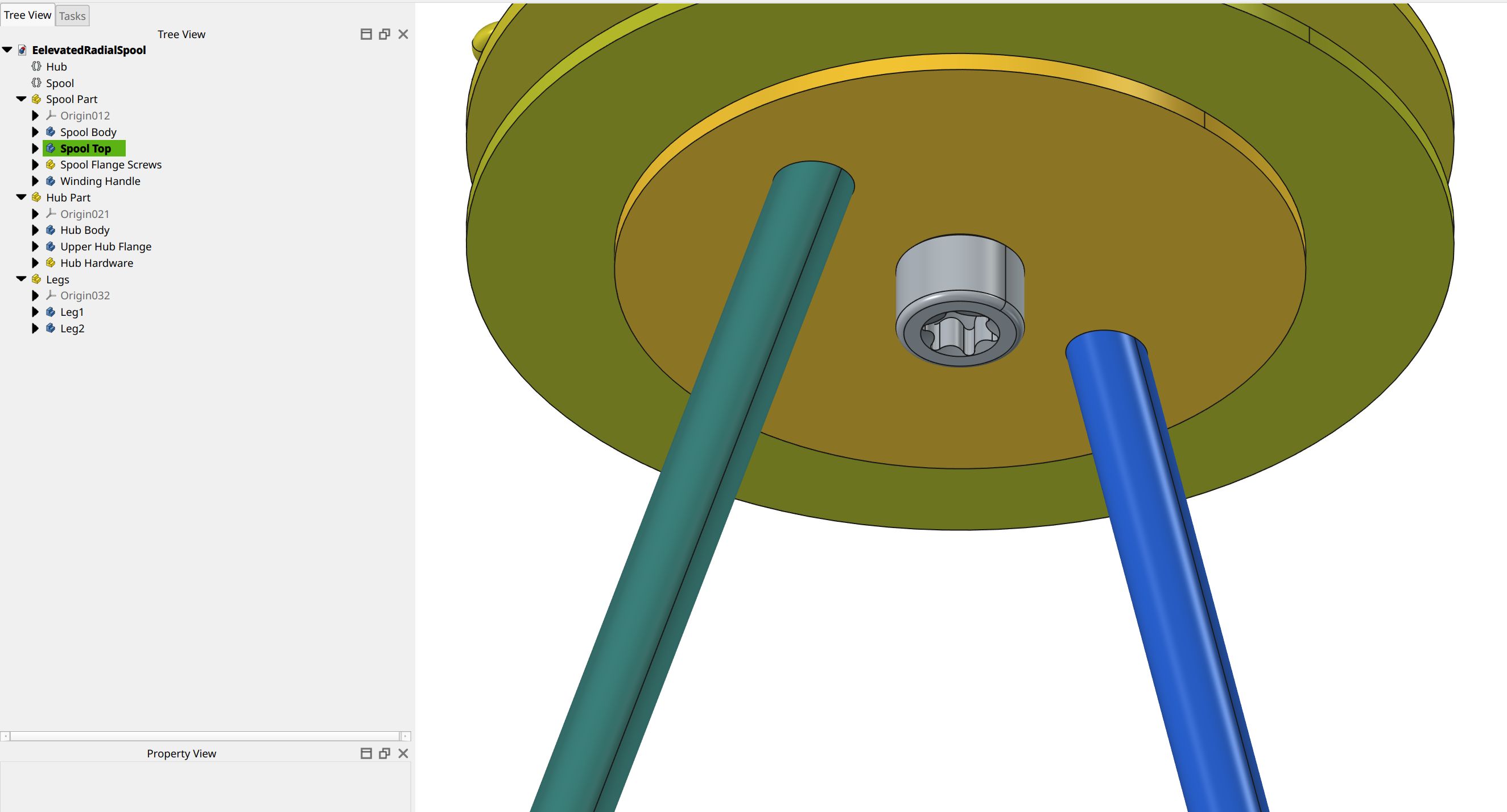 Screenshot of the underside showing how two driveway marker legs are attached to the hub in the middle of the spool, and a large screw for attaching a weight.
