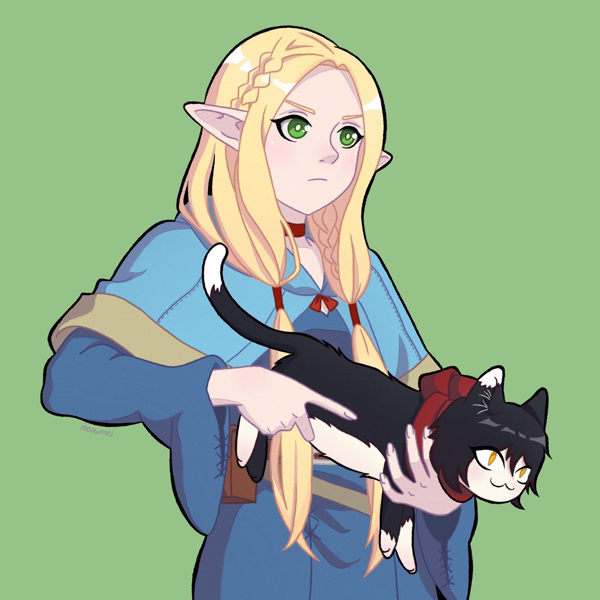 Marcille, the half elf, from Dungeon Meshi holding a cat shaped Izutsumi, normally a catgirl, like assault rifle.