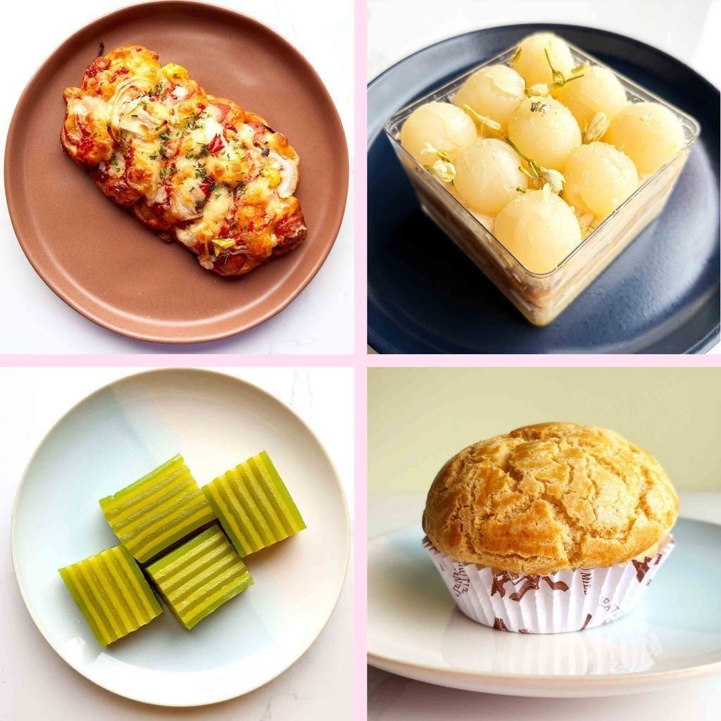 Four images: sausage ppang, jasmine-longan cake cup, pineapple bun, steamed pandan and moong bean cake.