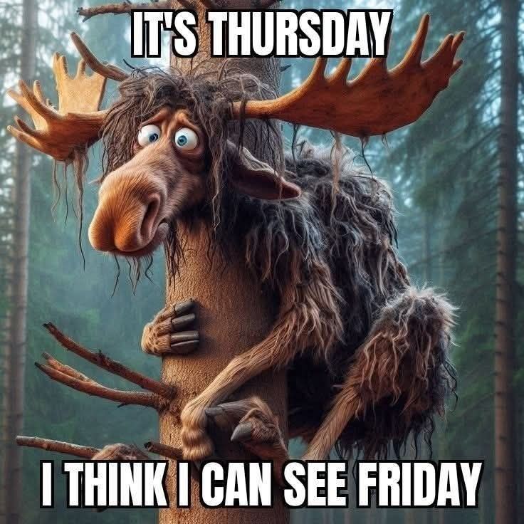 Funny image of a moose saying, It's Thursday, I think I can see Friday.