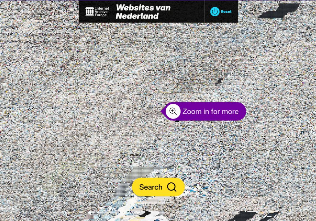 Screenshot from the Websites of the Netherlands Xmas Edition, with a small Internet Archive Europe logo at the top of a dense photomosaic composed of millions of tiny Dutch website captures. On-screen interface includes a reset button, a Zoom in for more indicator, and a Search field/ 