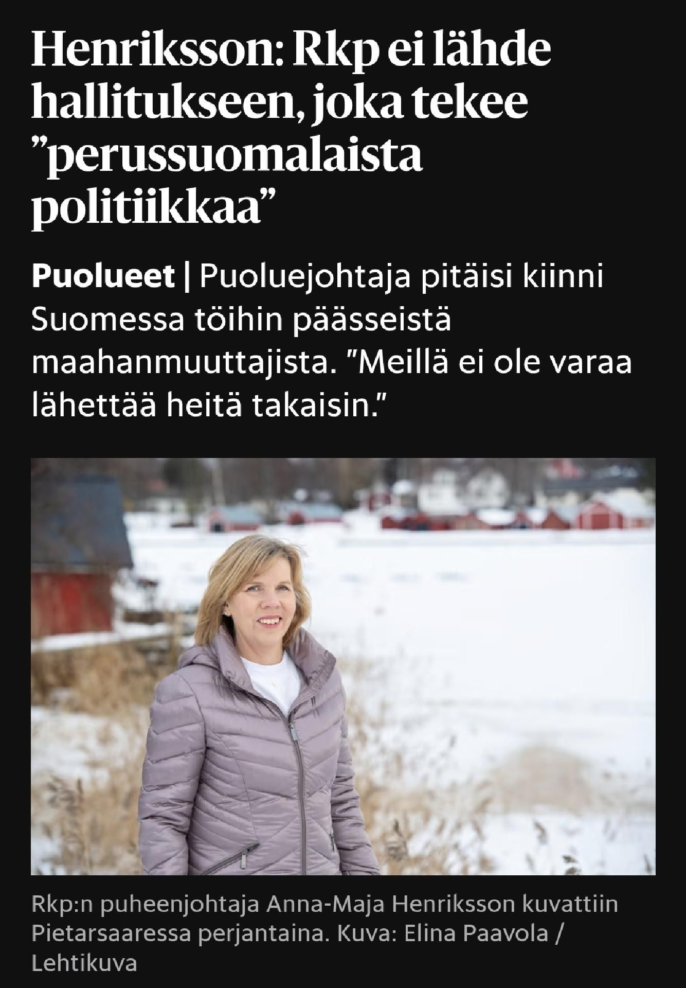 Henriksson: RKP ei lähde hallitukseen, joka tekee perussuomalaista politiikkaa. 