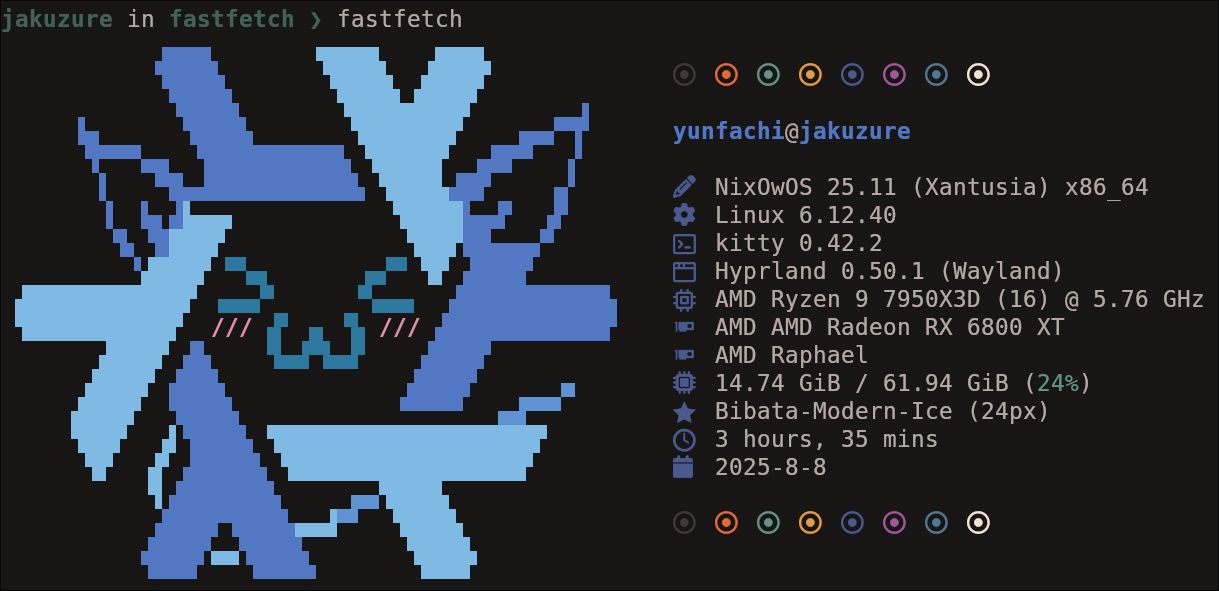 A screenshot of the author's terminal after running the command fastfetch. It shows a series of operating system information below:

- NixOwOS 25.11 (Xanthusia) x86_64
- Linux 6.12.40
- Kitty 0.42.2
- Hyprland 0.50.1 (Wayland)
- AMD Ryzen 9 7950X3D (16) @ 5.76 GHz
- AMD AMD Radeon RX 6800 XT
- AMD Raphael
- 14.74 GiB / 61.84 GiB (24%)
- Bibata-Modern-Ice (24px)
- 3 hours, 35 mins
- 2025-8-8