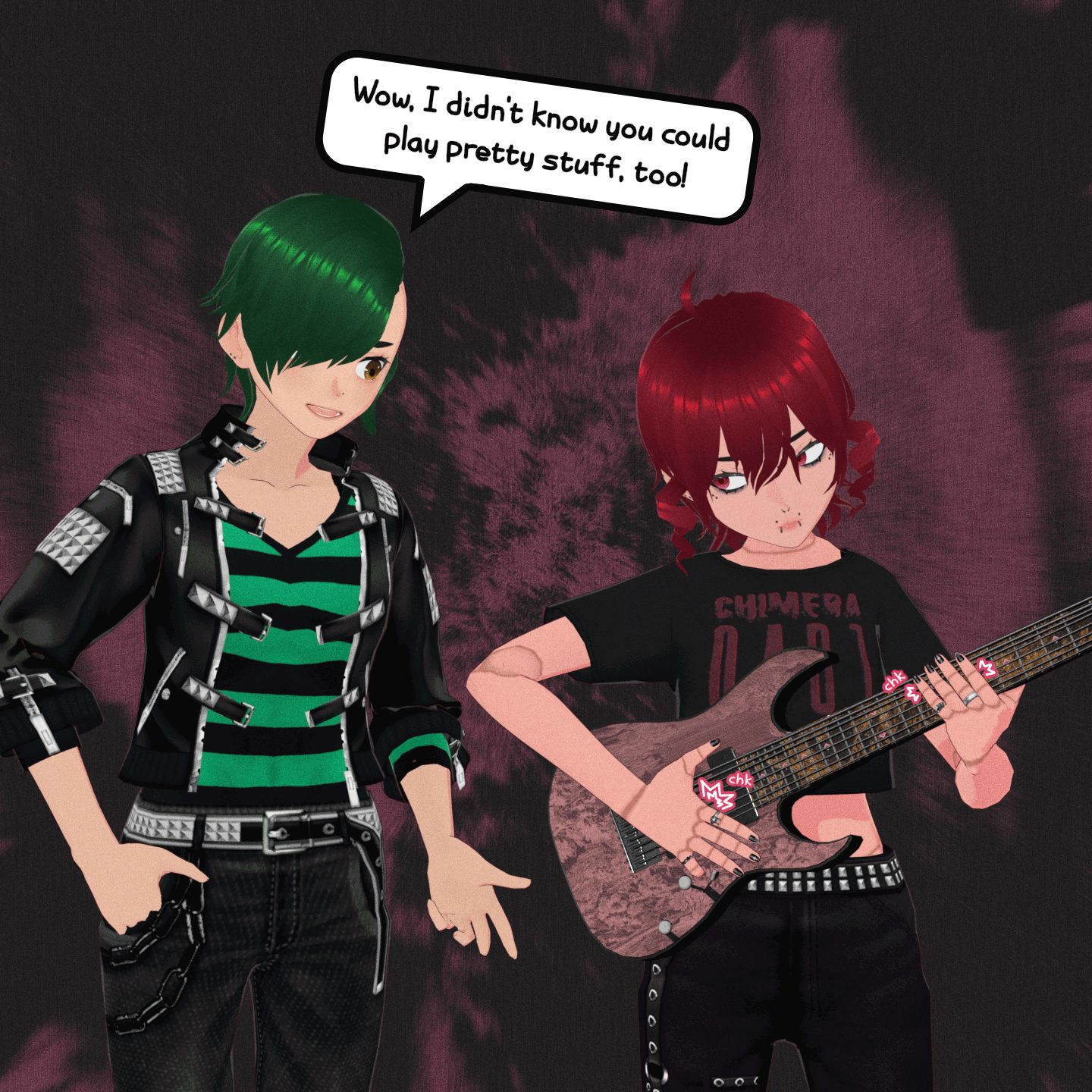 The cherry tree and music notes disappear as Roadie enters the frame, interrupting Teto's noodling. Teto mutes her guitar as she side-eyes Roadie. Roadie says, "Wow, I didn't know you could play pretty stuff, too!"