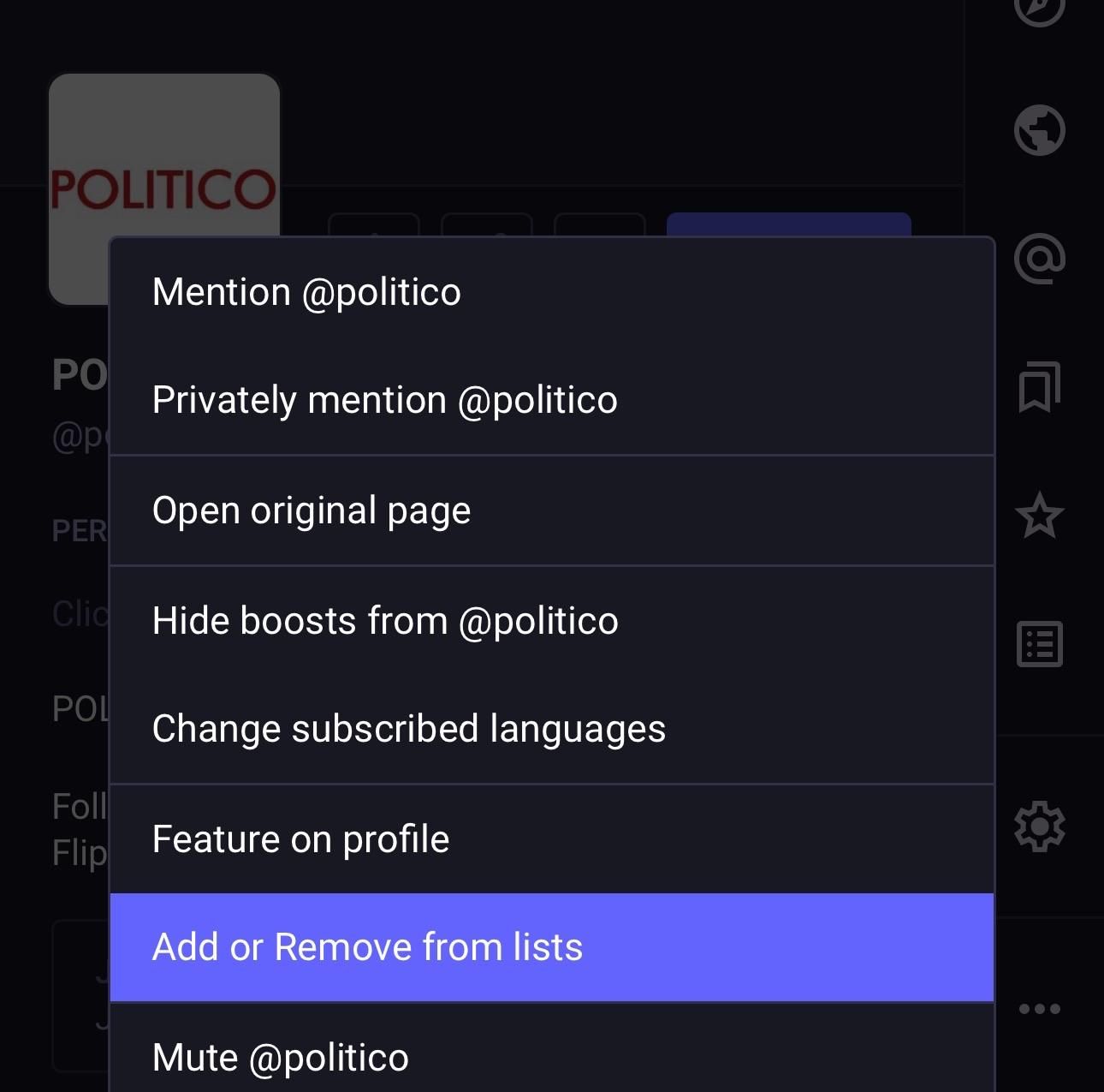 Screenshot of the Mastodon profile screen. The action menu (three dots) has already been selected and the option to “Add or Remove from lists” has been highlighted.