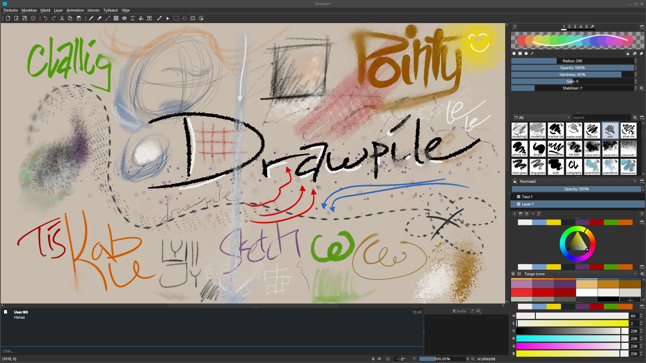 Töherrys näytteeksi eri sivelmistä. Käytössä oli piirtolevy.