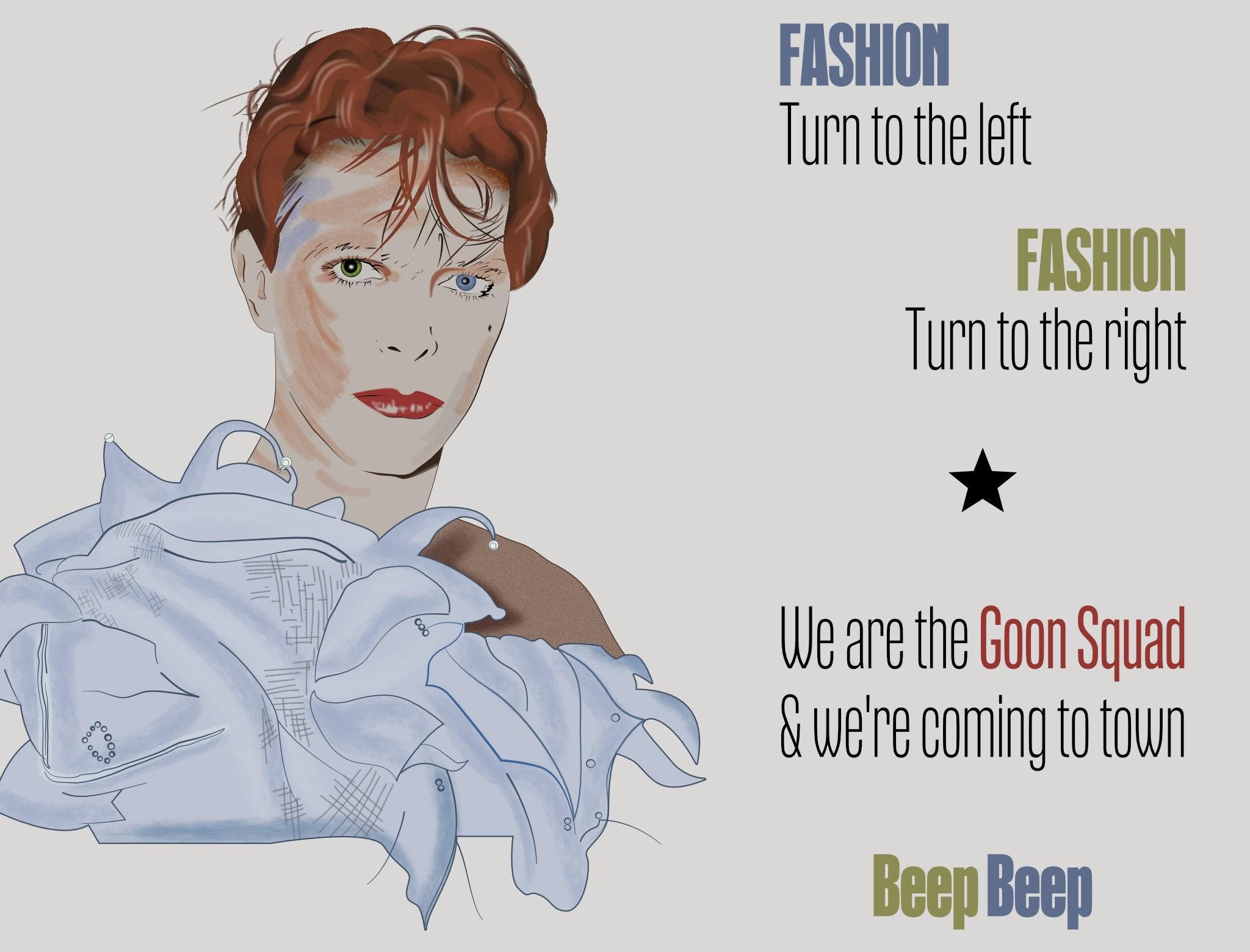 Illustration based on by Mick Haggerty’s original artwork for Bowie’s Scary Monsters album (1980), here re-created using Affinity Designer on iPad. Lyrics from Fashion to the right: Fashion! Turn to the left. Fashion! Turn to the right. We are the goon squad and we’re coming to town. Beep Beep