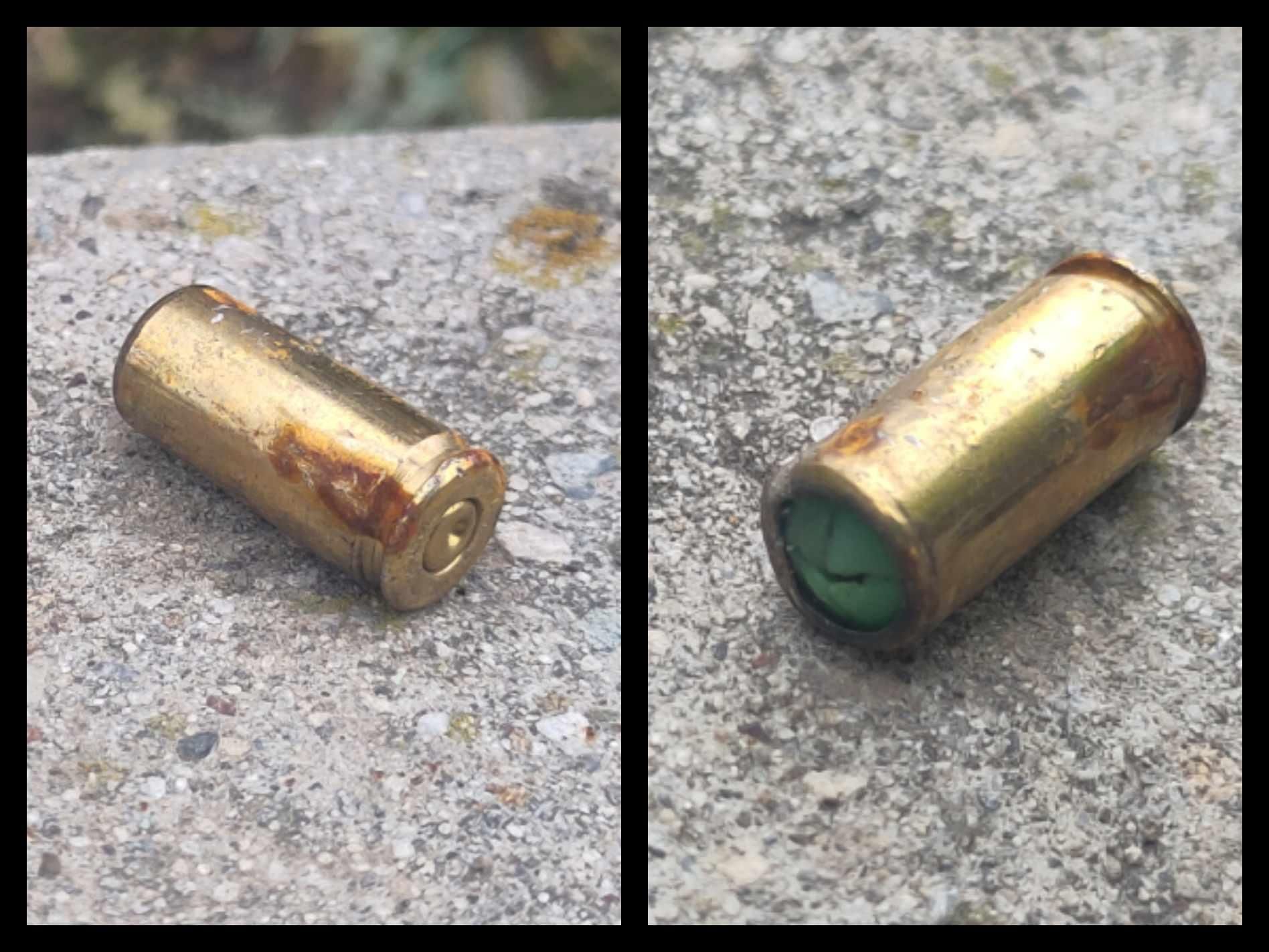 Due foto dello stessi oggetto, un cilindro metallico color ottone.

Da un lato è bucato