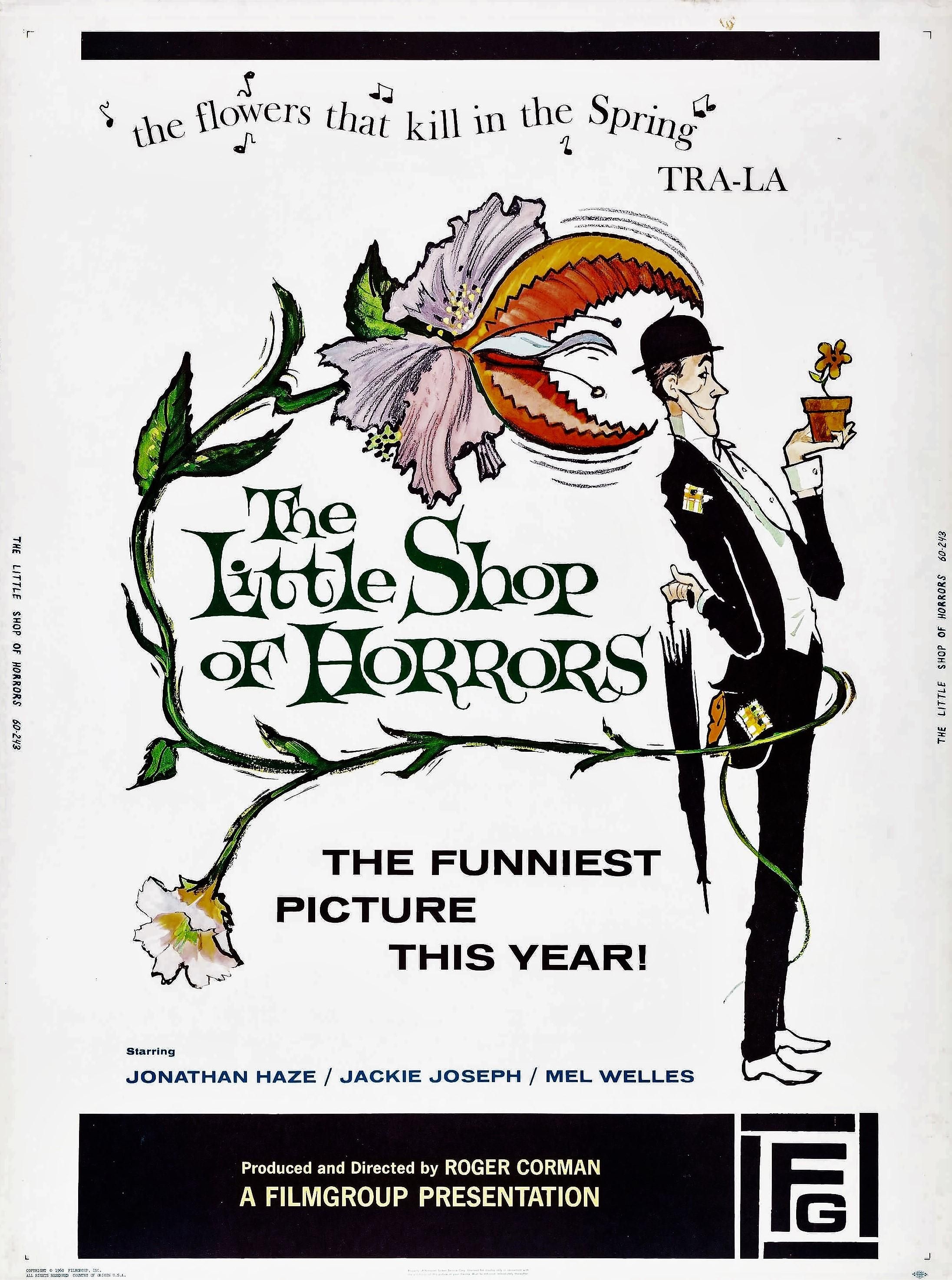 Poster for Little Shop of Horrors featuring a whimsical illustration of a flower eating a gentleman in a suit.