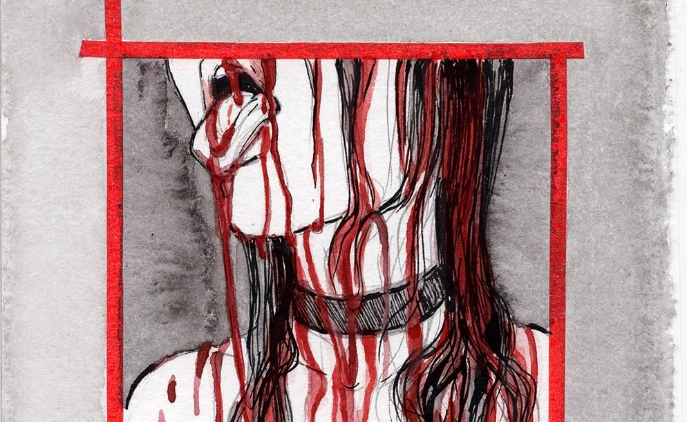 Part of an illustration showing a woman who really enjoys jam. It's trickling down her face. She has her tongue out to catch some