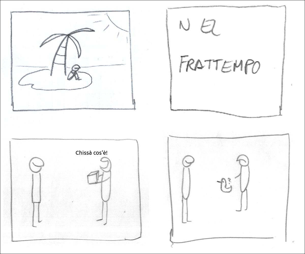 c'è un tizio su un'isola deserta
didascalia: nel frattempo
il secondo tizio ringrazia dicendo: «Chissà cos'è!»
dentro il pacco c'era una papera  il tizio è insoddisfatto
