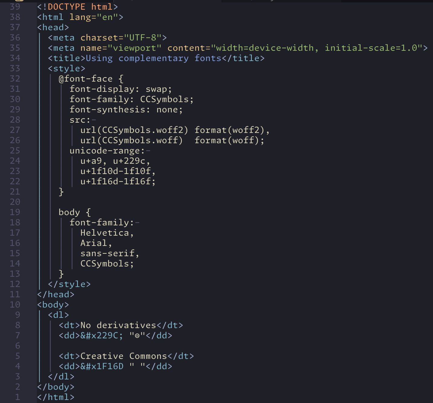 The source code of a Web page that uses complementary fonts for specific Unicode characters.