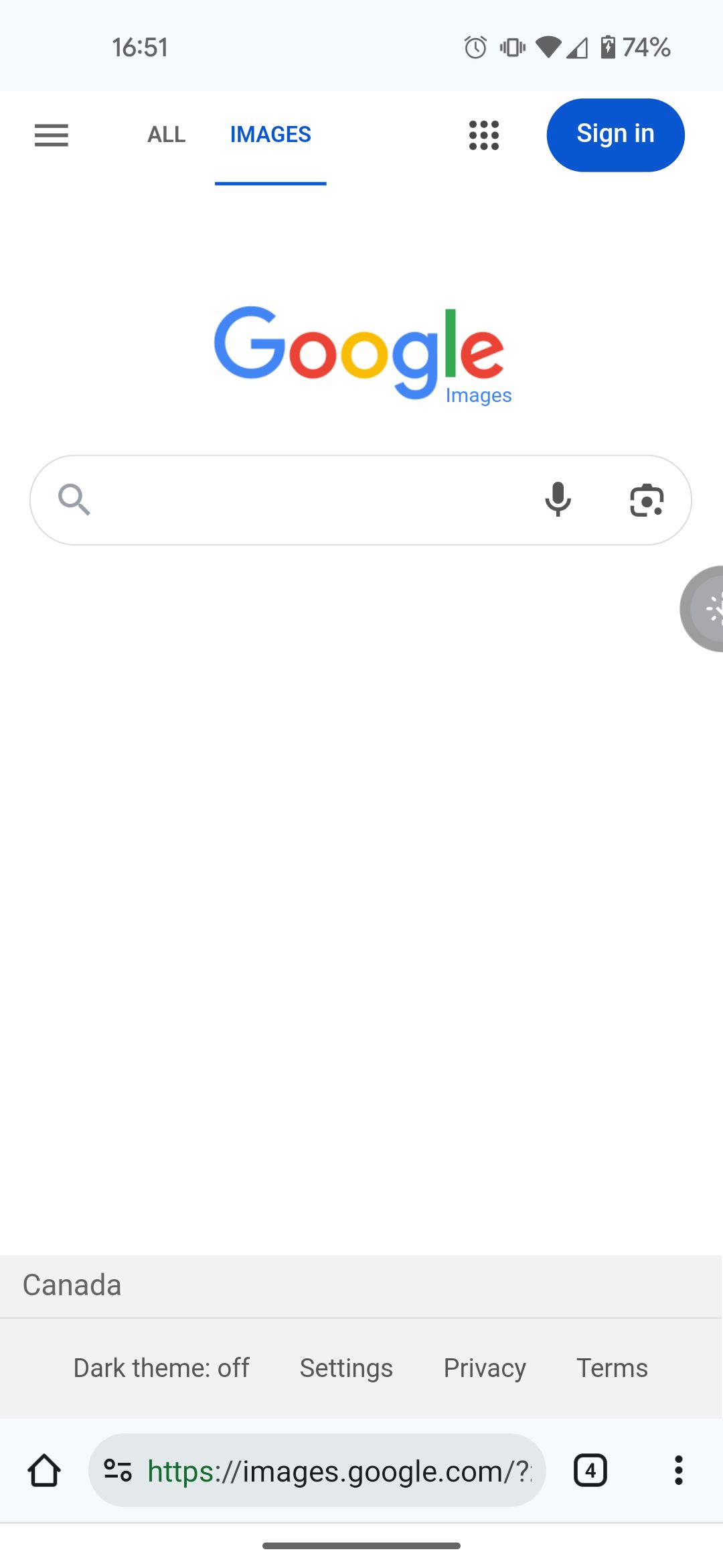 The page “images.google.com” following modern Google designs, featuring a voice input button and reverse image search button, and a dark theme switch