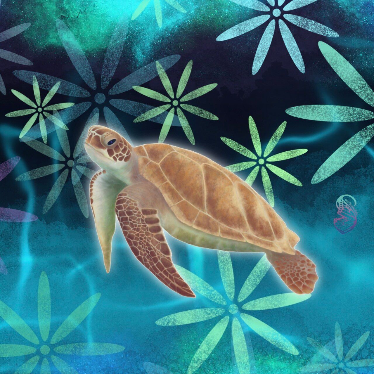 Digital painting of a brown sea turtle floating in turquoise ripples of water surrounded by green flowers with long skinny petals (they look like stats or snowflakes).

The background is a nebula burst of turquoise at the bottom, black in the centre, and bright greenish turquoise at the top.