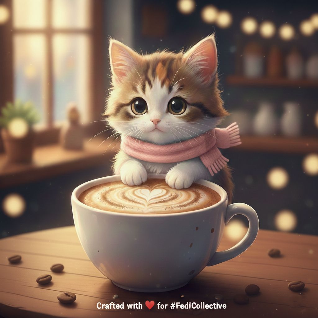 A small kitten with brown, white, and orange fur, wearing a pink scarf, sits inside a large white coffee cup featuring latte art on a wooden table. Scattered coffee beans surround the cup on the table. In the background, there is a blurred window with light filtering through, shelves with various items, and out-of-focus round lights. The image displays the text “Crafted with ❤️ for #FediCollective” at the bottom. The scene is set in a cozy indoor space with warm lighting.