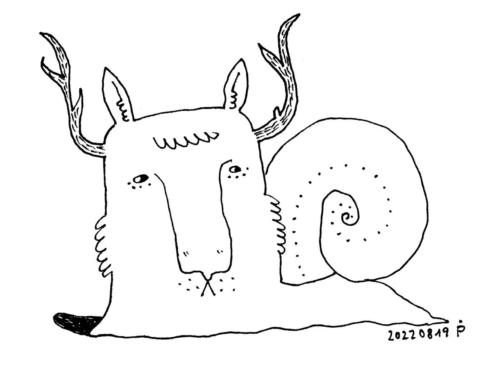a drawing of a hybrid creature with a vaguely lion-esque head, antlers, and the body and shell of a snail. looking very unimpressed.
