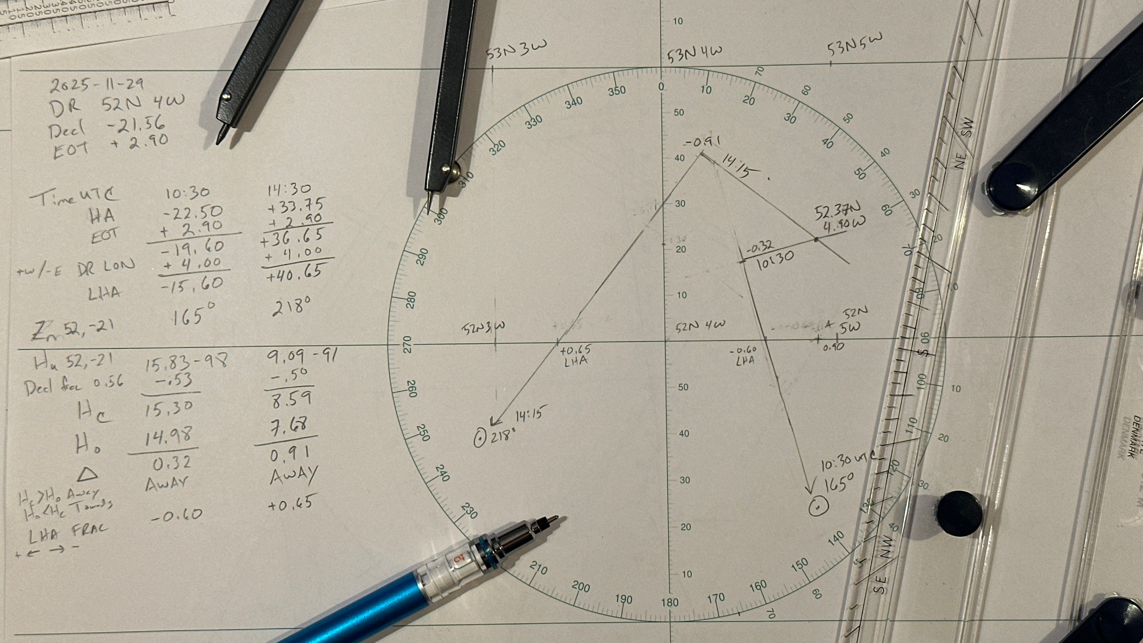 Paper chart with lines and math and drawing tools. Controversially it is done with decimal math.  