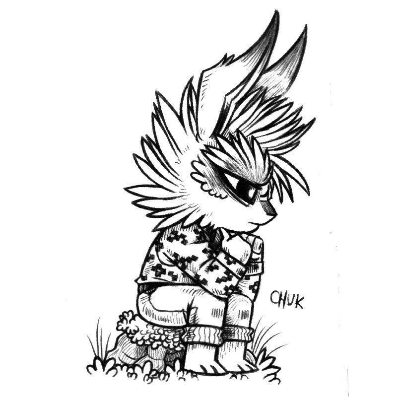 a drawing of a humanoid rabbit named Chuk sitting on a moss-covered rock, looking deep in thought. They have wild eyebrows, hair standing all around their head. They are wearing a blouse covered in black pixels.