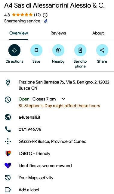A4 Sas di Alessandrini Alessio & C.
Sharpening service

Frazione San Barnaba 76, Via S. Benigno, 2, 12022 Busca CN

a4utensili.it

LGBTQ+ friendly

Identifies as women-owned


