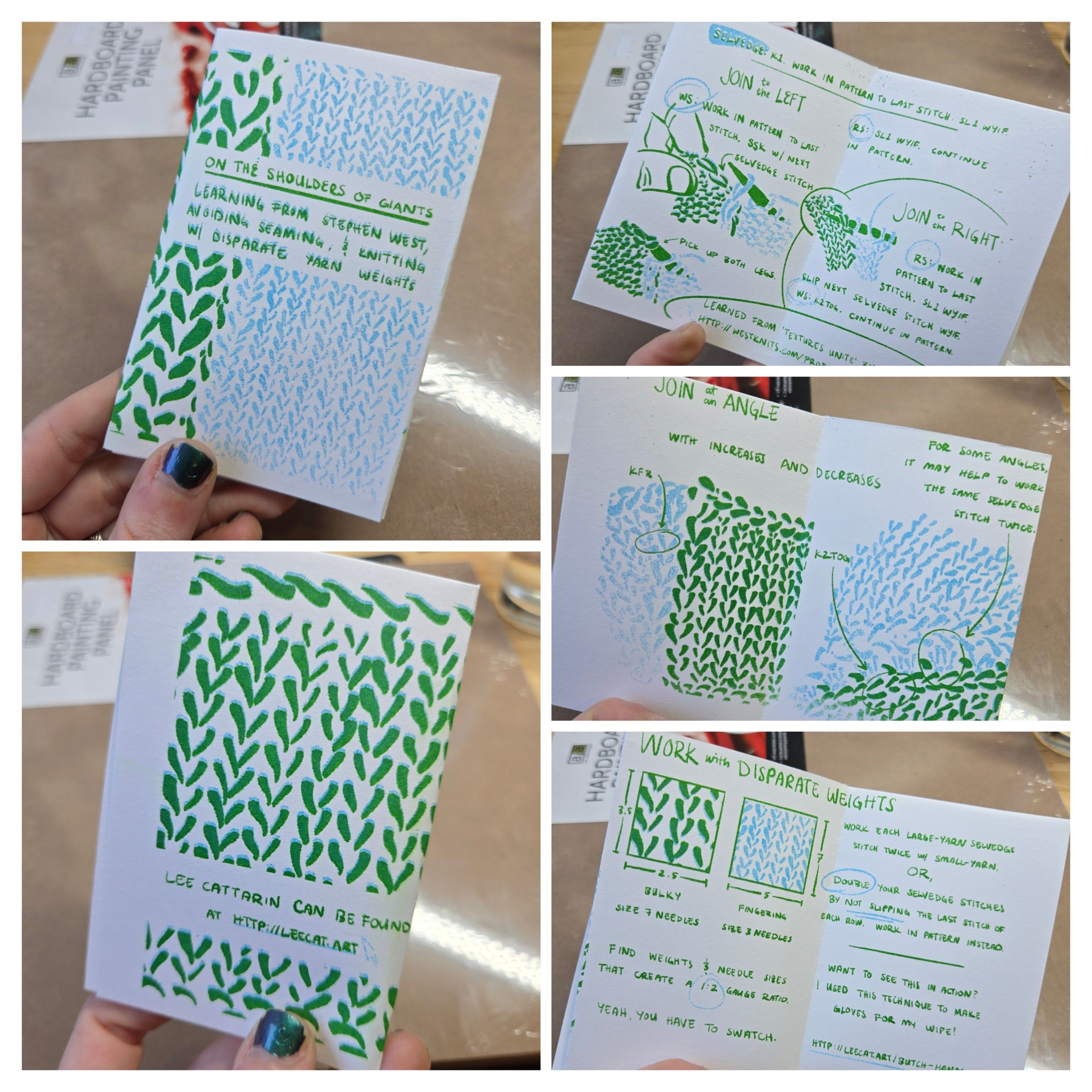 ok so. five image collage showing the front, 3 inner spreads, and back of a riso-printed zine in green and light blue. it's called "on the shoulders of giants" and it's about a knitting technique I learned from Stephen west and how I built on that technique. it talks about joining two adjacent panels without seaming, instead knitting the second panel *onto* the selvedge of the first. then it uses that technique to approach two panels knit with significantly different weights of yarn!