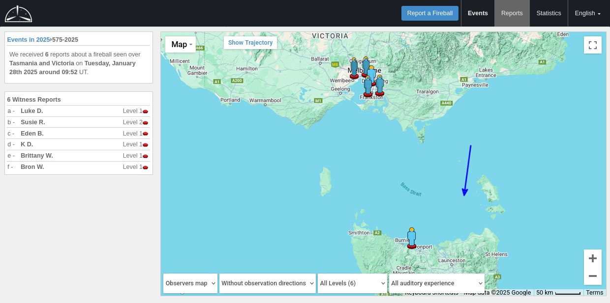 article overview screenshot: fireball meteor reports from Victoria and Tasmania resulted in an estimate that the meteor was nearly southbound over the Tasman Sea