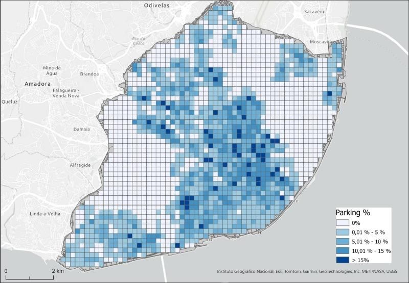 Mappa di Lisbona. L'area e suddivisa in una griglia di 200m
* 200m, ogni quadrato mostra la percentuale dell'area della strada occupata da veicoli parcheggiati. Alcuni quadrati somo oltre il 15%

Diagramma tratto dall'articolo linkato
