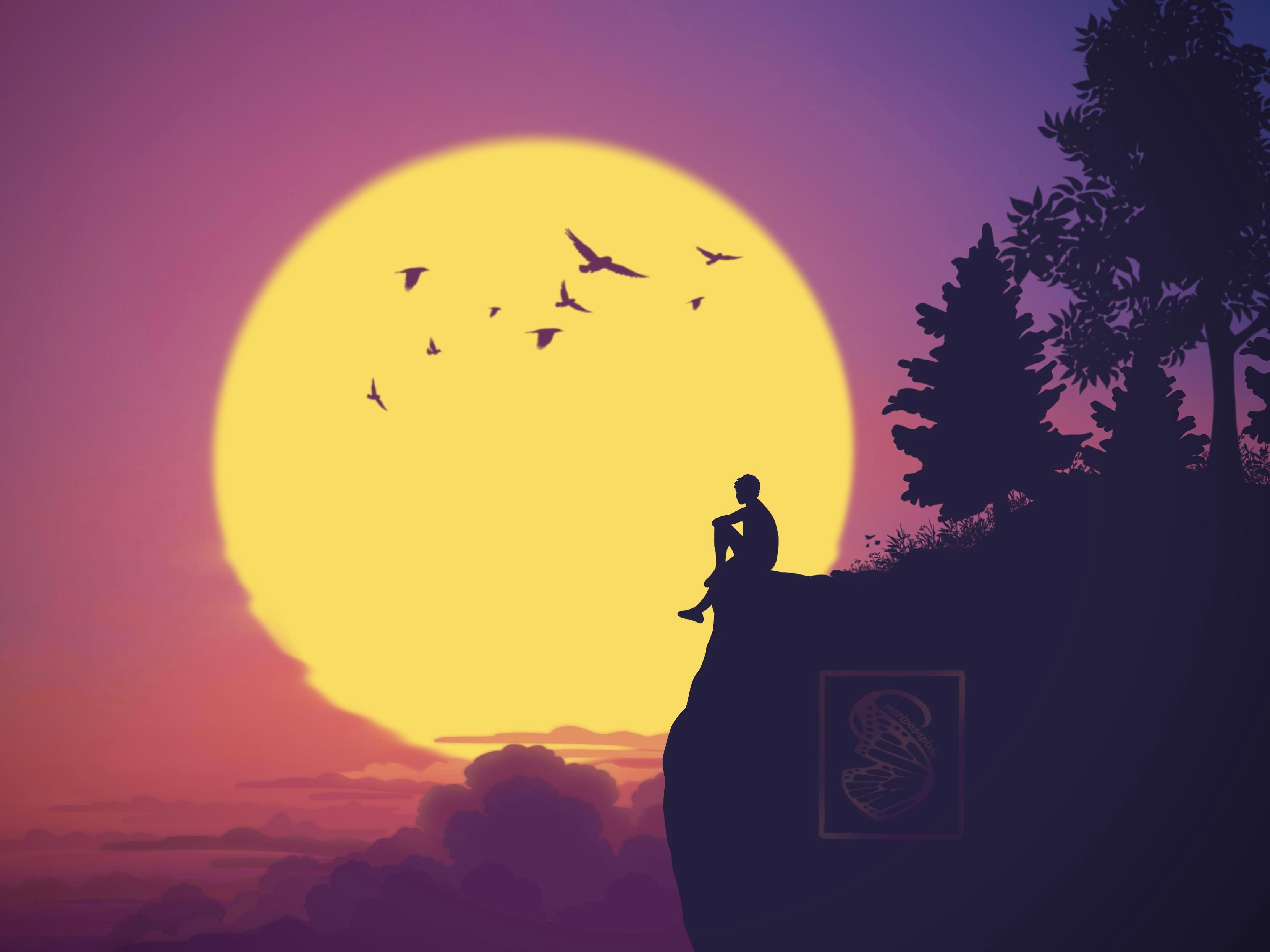 Digital painting by me using Procreate. Silhouette of a person sitting in a rocky cliff with a couple of trees at sunset. A large golden sun in the background with a few birds flying above. The sky is a range of purple, pink and orange.
A few purple and peach-coloured clouds float below the golden orb.