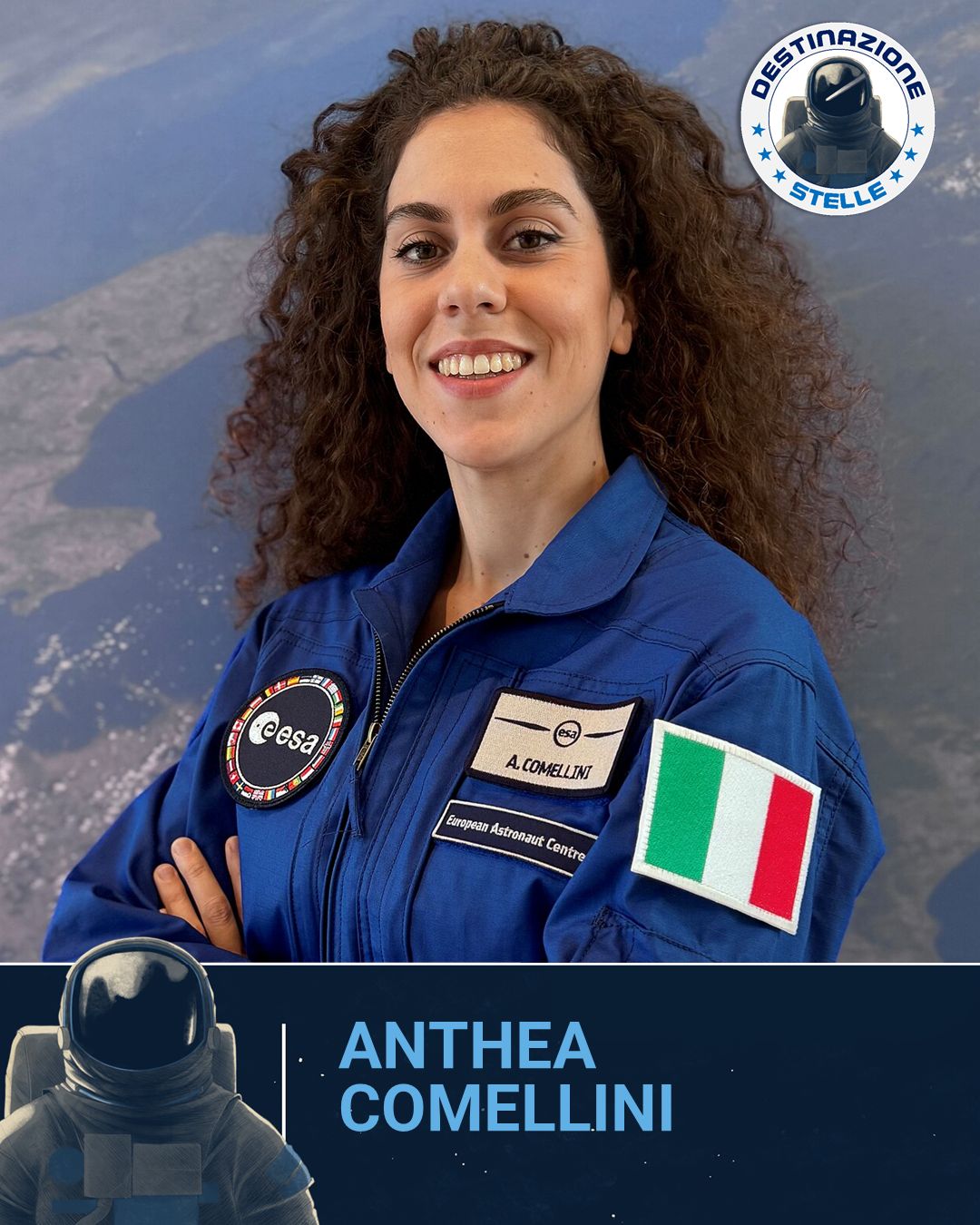 Fotografia di Anthea Comellini in divisa da astronauta