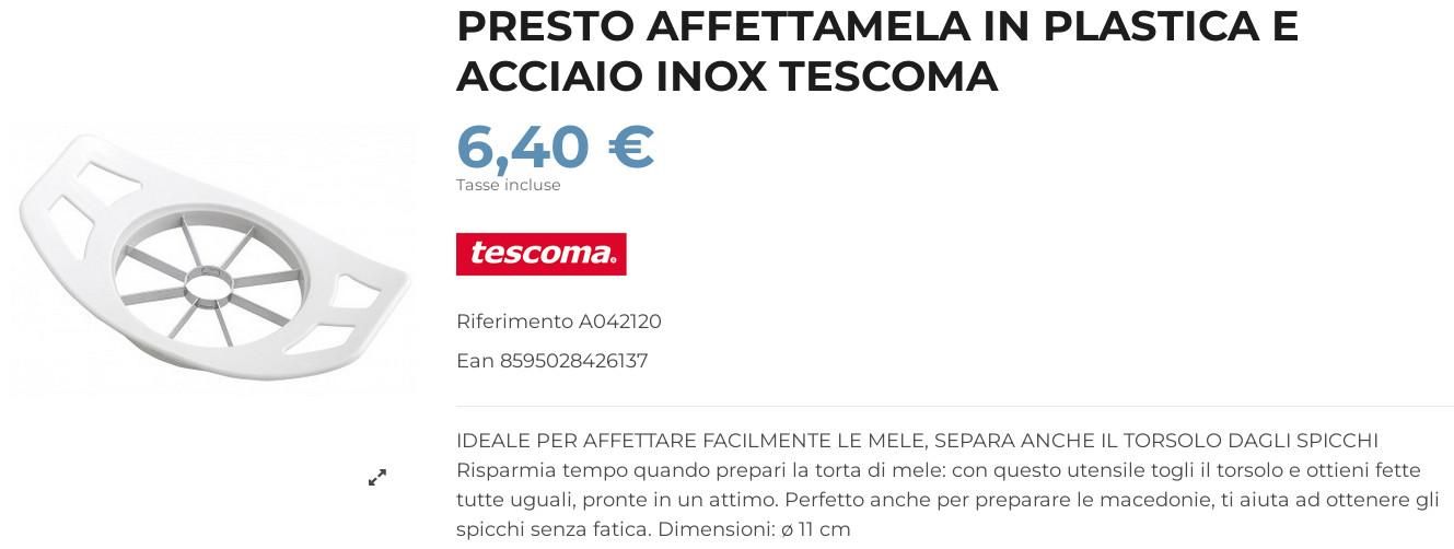 Utensile da cucina per affettare mele, con descrizione "presto affettamela".