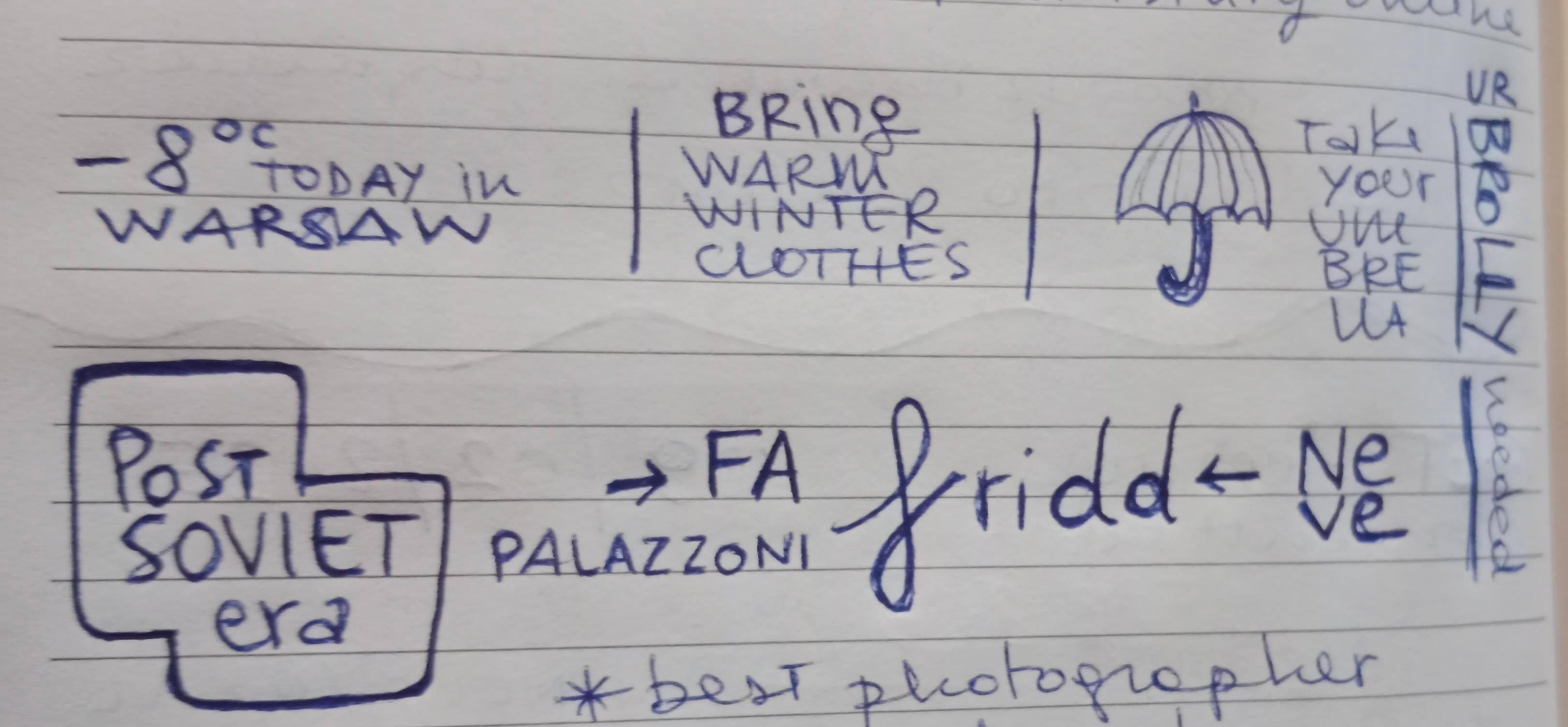 Foglio a righe con scritte a penna blu a proposito del fatto che a Varsavia fa freddo, una notizia che sappiamo solo grazie alla riunione di poco fa