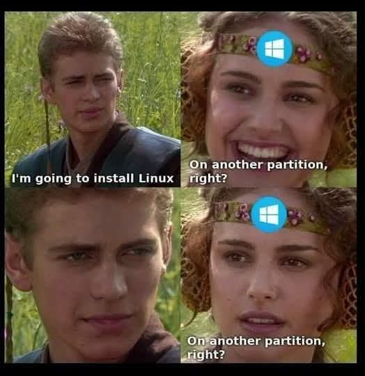 Anakin and Padme meme format.

1st panel Anakin says: "I'm going to install Linux.".

2nd panel Amidala, who has a Windows 11 logo on her forehead, smiling says: "On another partition, right?".

3rd panel Anakin is silent and serious.

4th panel Amidala with the Windows 11 logo now serious repeats her question: "On another partition, right?".