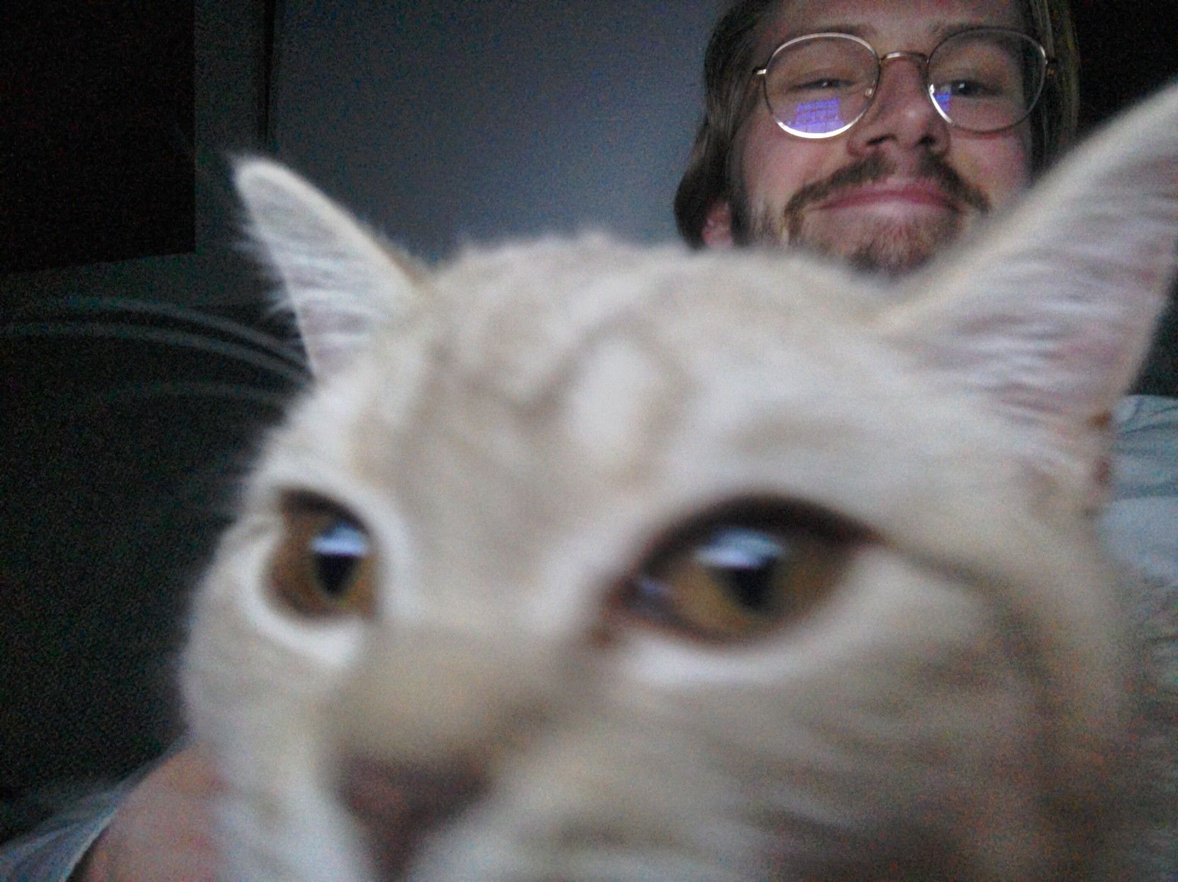 A picture of a little cat named Lenin being way too close to a camera and with Erik Uden smiling in the background