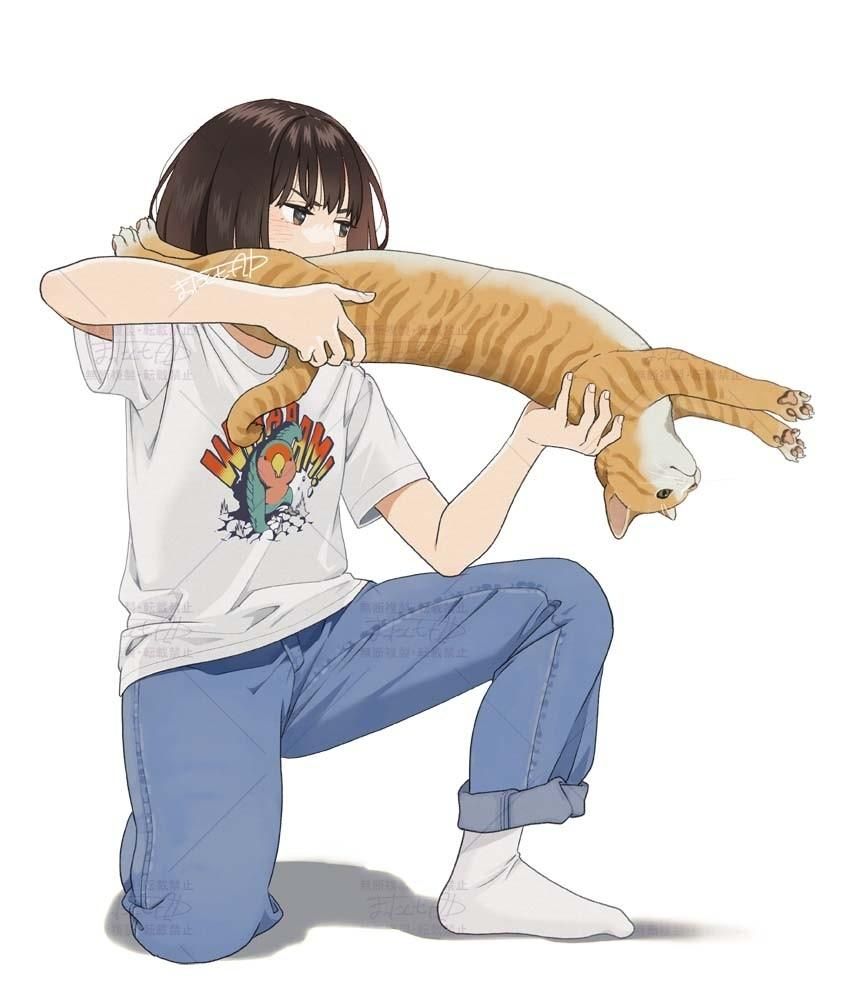 Illustration by mattaku mousuke of someone crouching and holding a stretched out orange cat upsidedown like a rifle.
