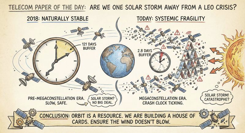 A cartoon that says at the top "Telecom paper of the day: are we one solar storm away from a LEO crisis?" On the left side is a cartoon of a clock showing lots of time and satellites nicely spaced out.  On the right side is a cartoon of a clock showing short time, and tons of satellites and junk and a house of cards in orbit, while the Sun sends some cartoony solar flares our way.  At the bottom it says "Conclusion: orbit is a resource, we are building a house of cards. Ensure the wind doesn't blow."