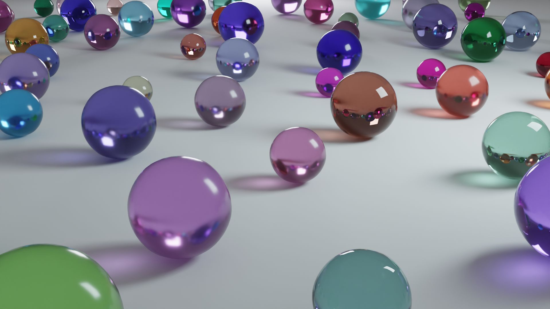 A 3D rendered scene showing many colorful glass spheres on a white plane. Some look more rough, some look more glossy.