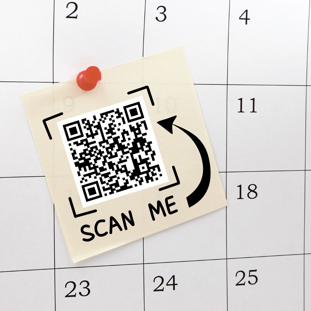 background of a blank calendar page with a sticky note affixed to it. On the note is a QR code that links to my Calendly page.